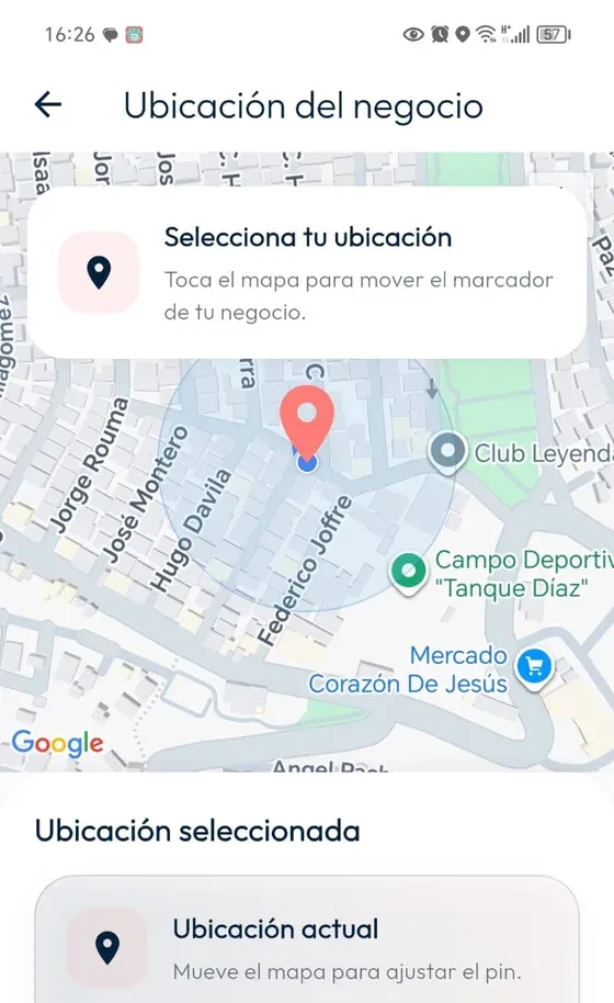 Ubicación del negocio: mapa y marcador ajustable. Captura recortada antes de las coordenadas.