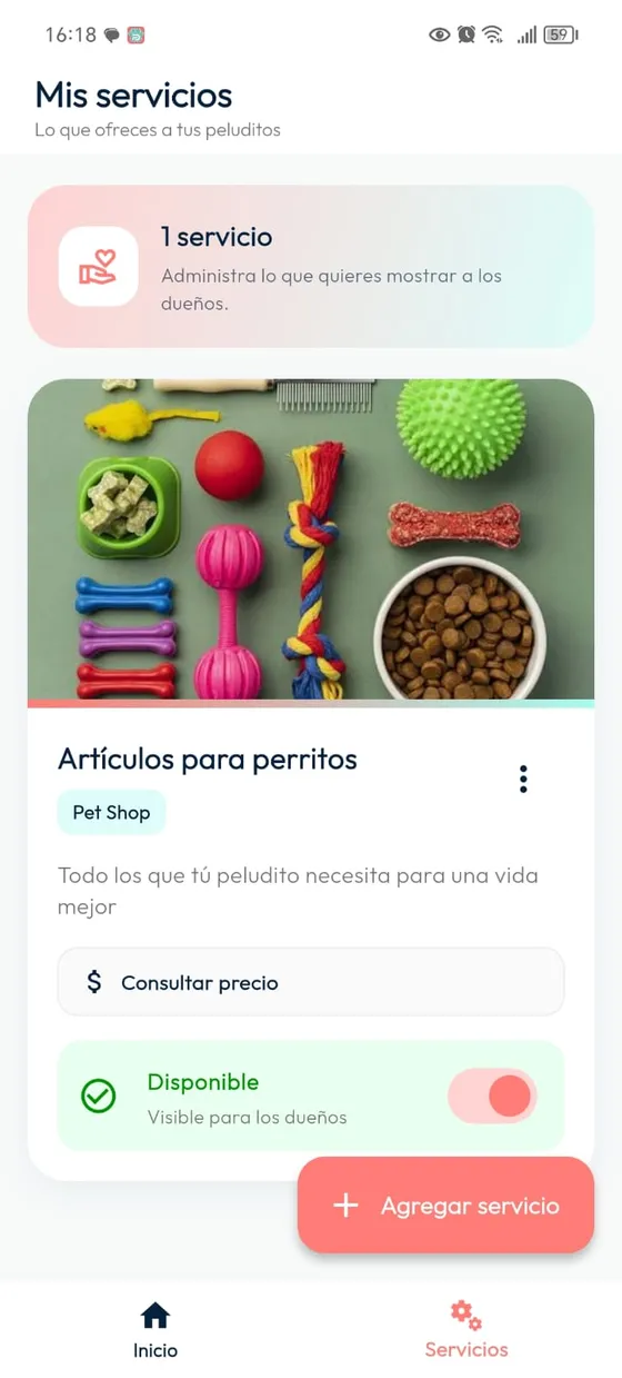 Servicio publicado Artículos para perritos, con Consultar precio y estado Disponible visible para los Dueños.