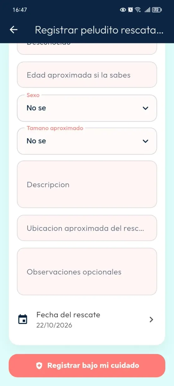 Formulario con sexo, tamaño aproximado, descripción, ubicación aproximada del rescate, observaciones, fecha y Registrar bajo mi cuidado.